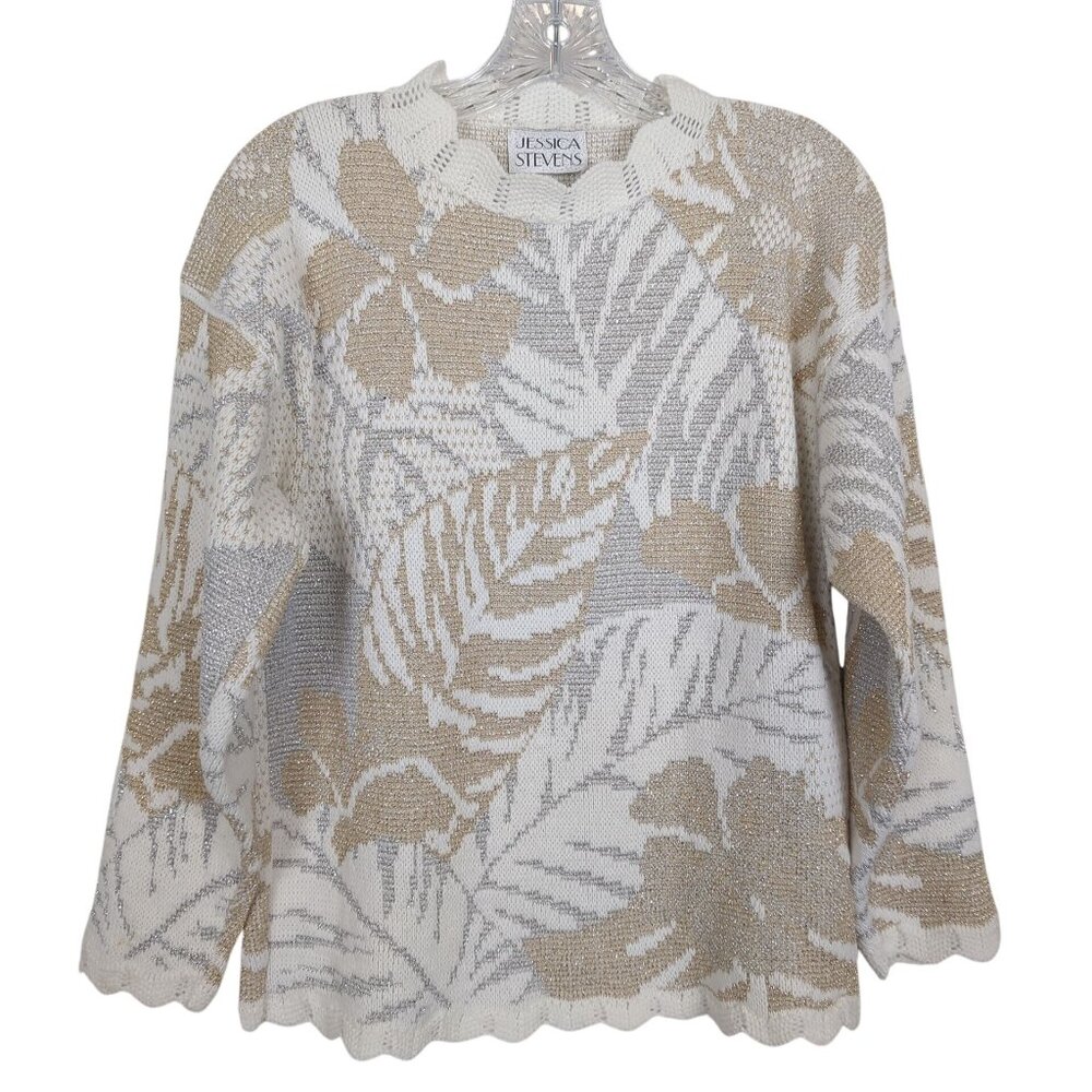 Vintage Jessica Stevens Knit Sweater Womens M Beige Ivory Metallic Leaves - Picture 1 of 14